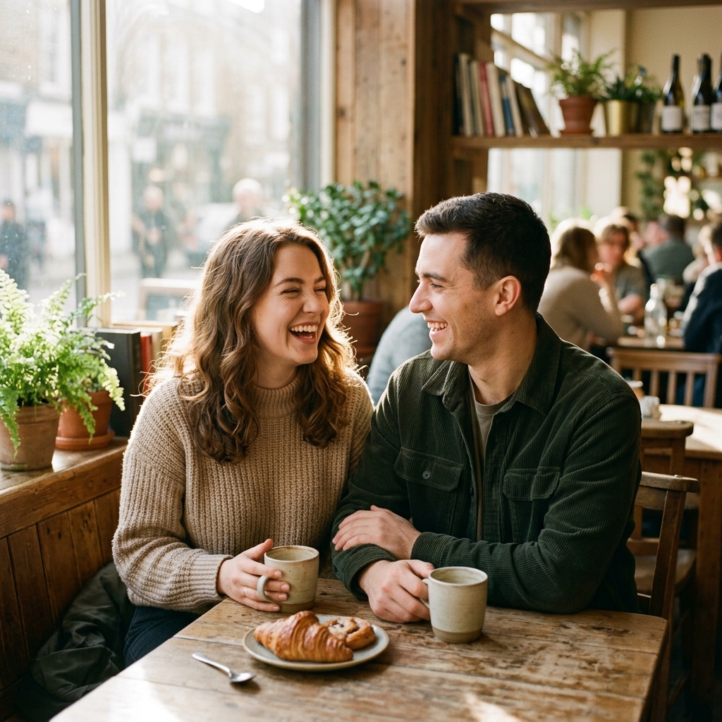 Couple laughing together in a sunlit cafe